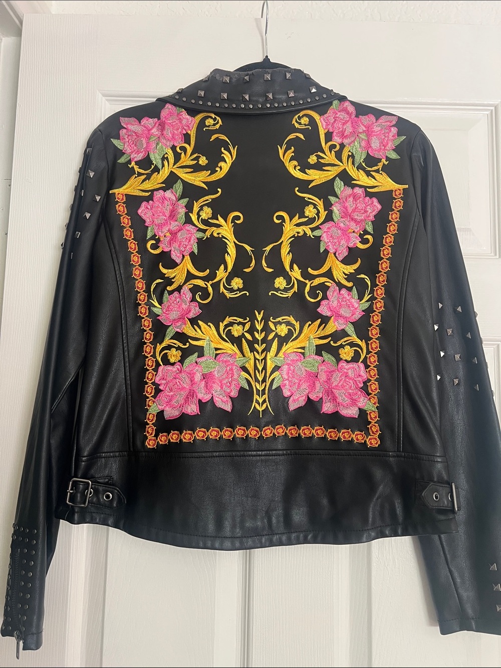 Silence & Noise black faux leather studded moto jacket with beautiful embroidery